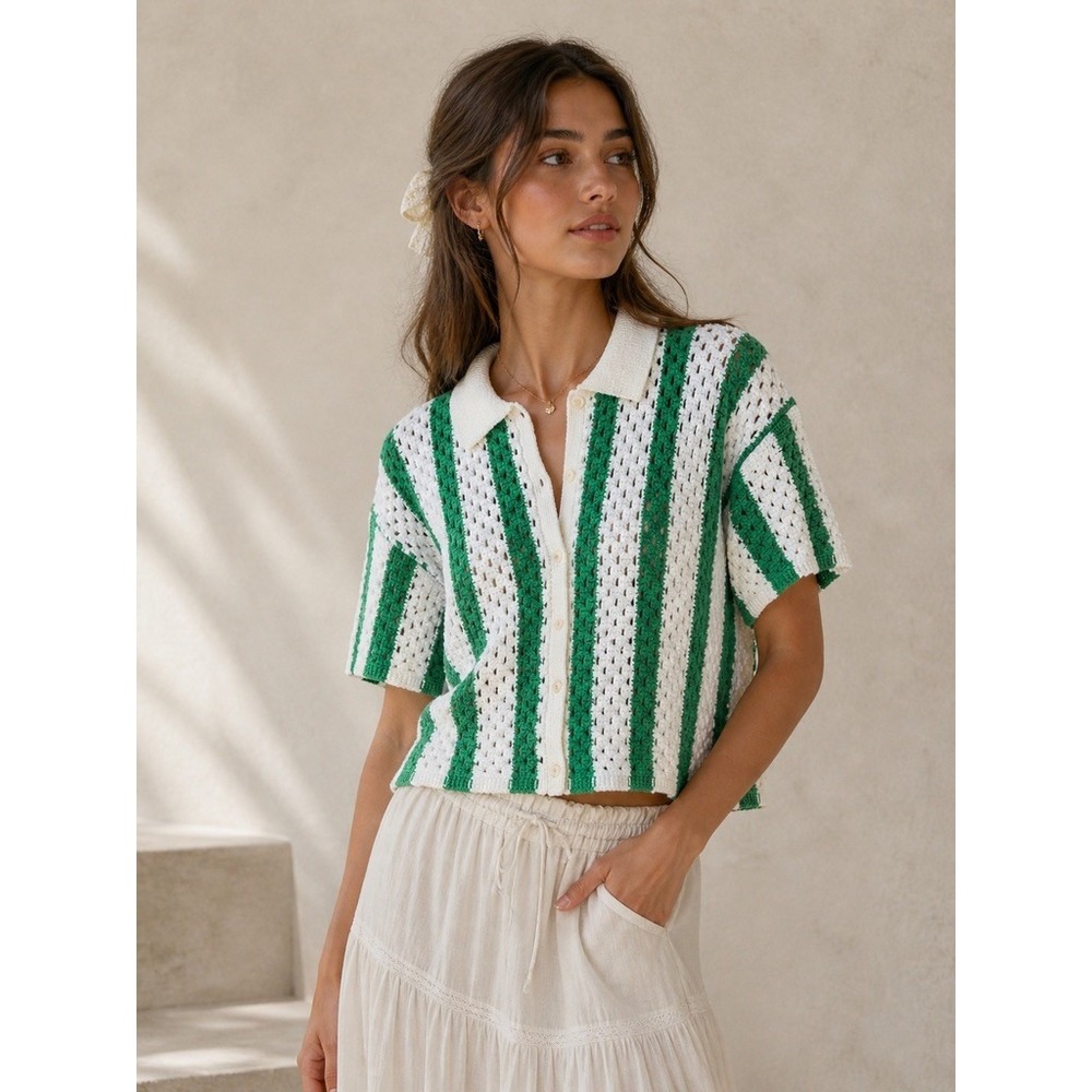 The Drop Women Emerald Green White‎ Striped Crochet Polo Cardigan Sweater Small